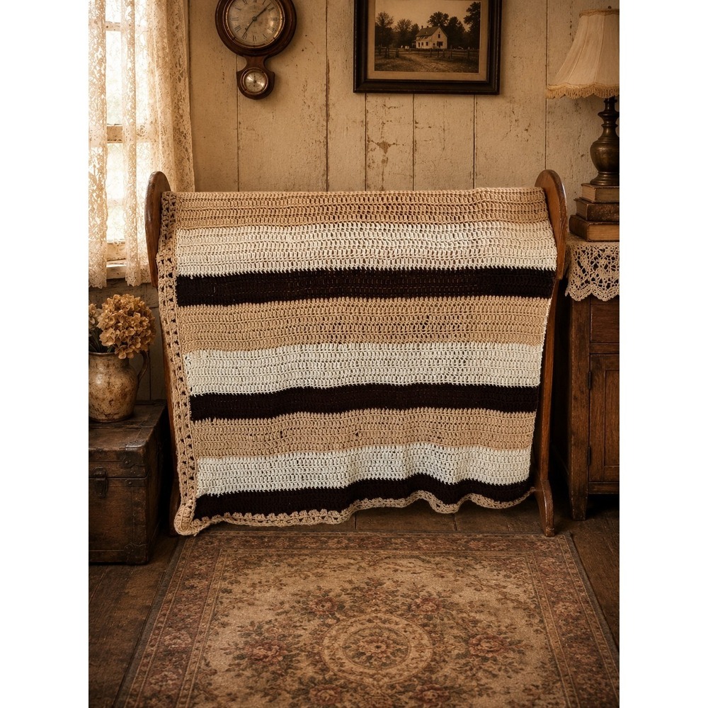 Vintage Handmade Crochet Afghan Throw Blanket 63x53 Tan Cream Brown Striped Farm